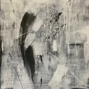 西條春生によるWhit Illusion-S8は、黒、白、グレーを基調とした抽象的な現代絵画で、質感豊かな筆致、スプラッター、ドリップが特徴的です。.