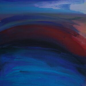 四辻義弘による抽象現代絵画南海。深みのある青と藍色の水彩のグラデーションの上に、暗赤色のアーチ状の造形が重ねられている。.
