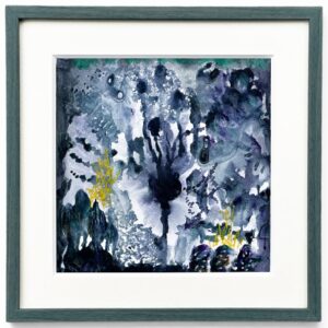 始祖の森 / 緑雨（Ryokuu）と題された額装済みの抽象水彩画。深みのある青と紫を基調とし、鮮やかな黄色がアクセントとなった現代的なスタイルの作品です。.