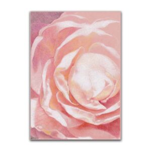 花は飛び立つと題された色鉛筆画。抽象芸術のスタイルで描かれた、淡いピンク色の大きな花が特徴である。.