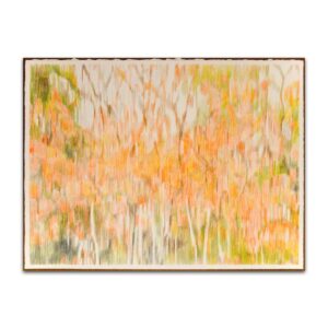 樹立のために-橙と題された抽象的な鉛筆画。オレンジと緑の森が、現代アート風の縦方向のスケッチ調の線で描かれている。.