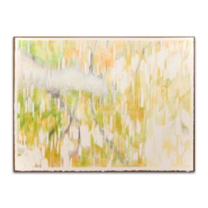 樹立のために-黄と題された抽象画。白い紙の上に、黄色、緑、灰色の色鉛筆で縦の線を引いて描かれた作品。.