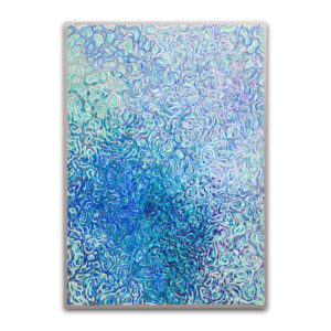 氷の泉と題された抽象的な現代アート作品。青、ティール、紫の色調で描かれた、互いに絡み合う線が渦巻くような緻密な模様が特徴である。.