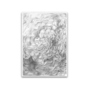 川田祐子による木炭画シンソウノハナ。重なり合う波打つような円形の模様が、現代アート風の抽象的な奥行き感を醸し出している。.